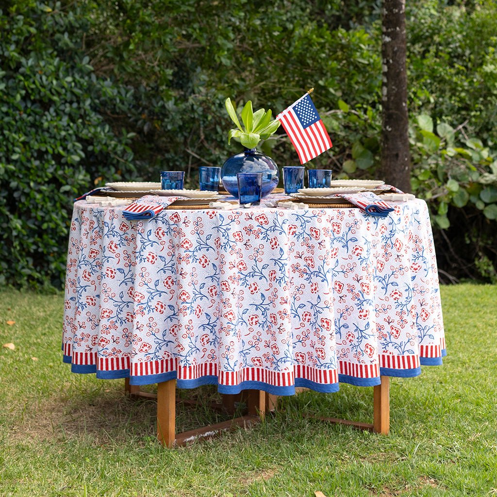 Floral & Berries Red, White & Blue Tablecloth - Pomegranate