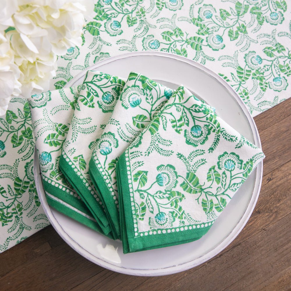 Hand block printed green & white floral napkins