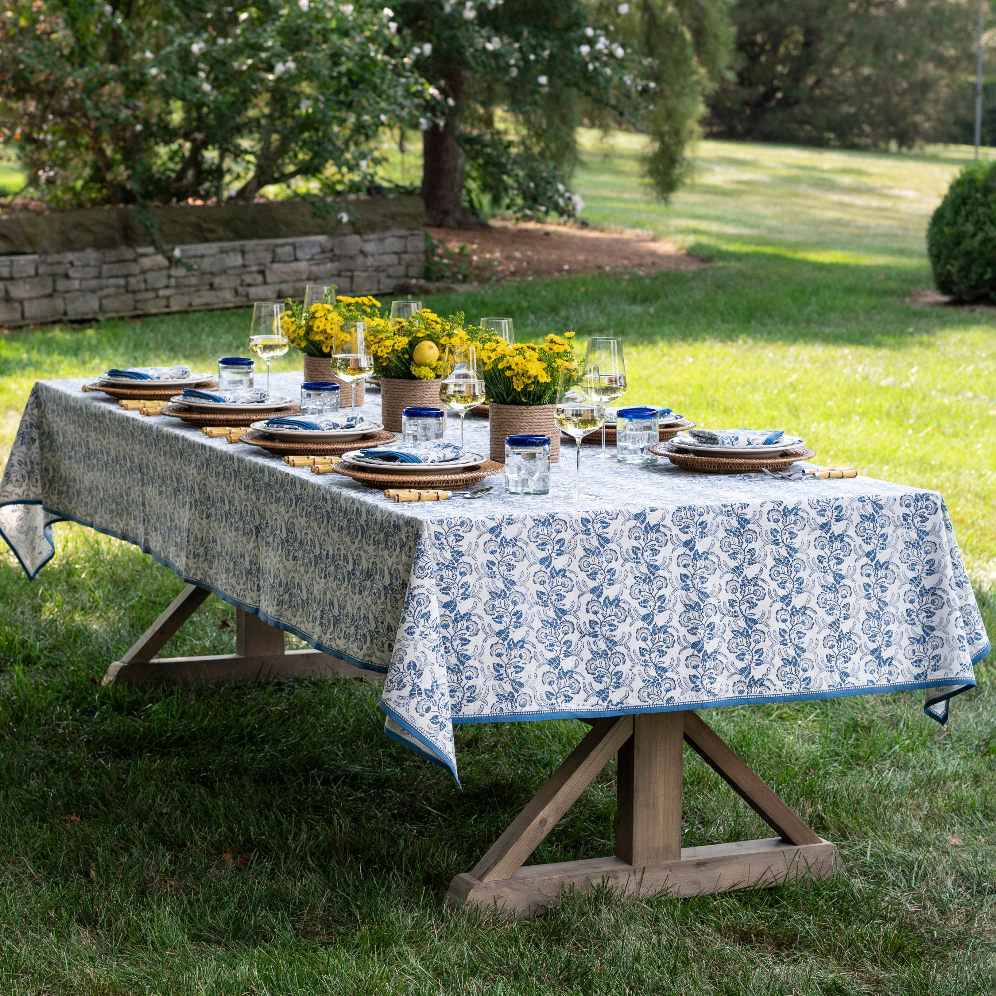 Gardenia Vine Azure Tablecloth | Blue Floral Table Linens