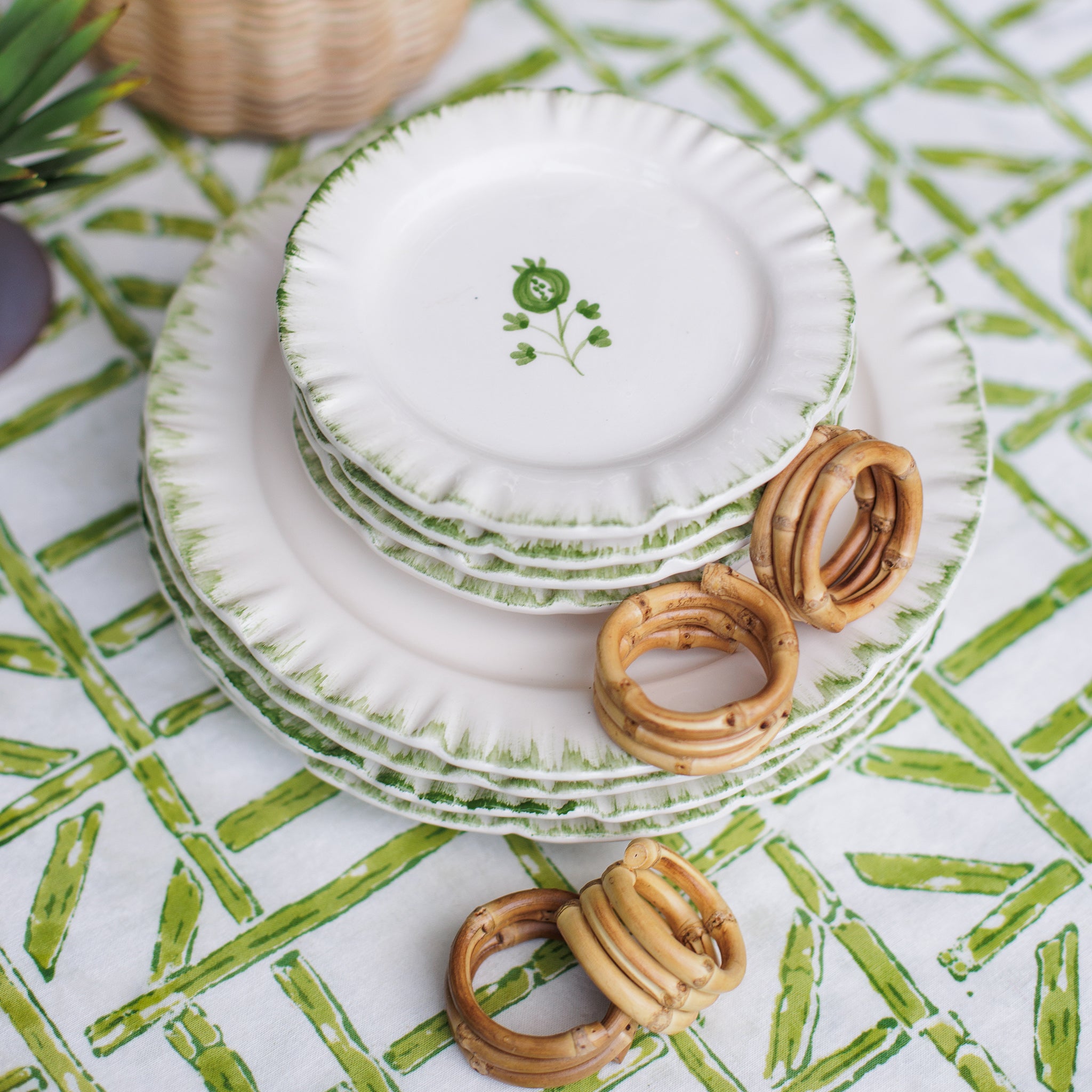 Ruffled Green Hand Painted Floral Ceramic Appetizer Plate