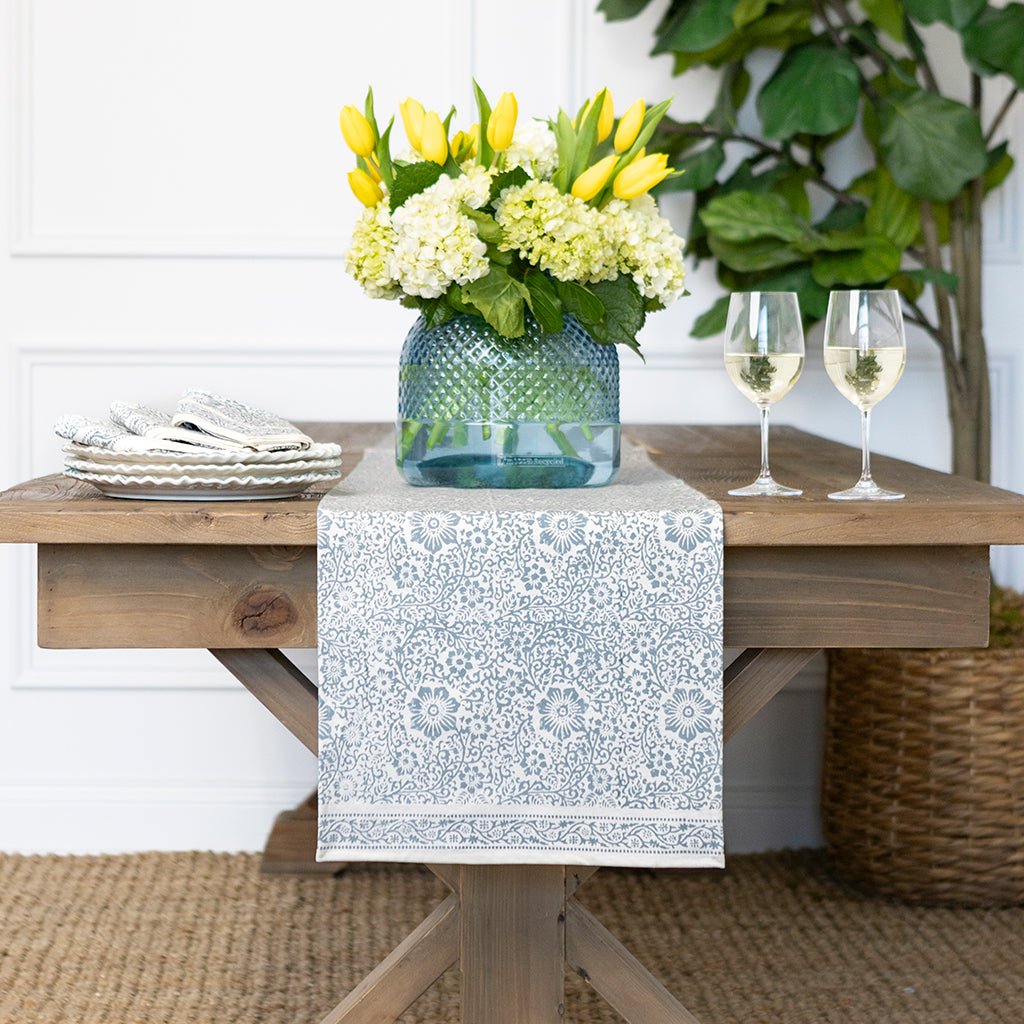 India Hicks Home Desert Rose Saltwater Blue Table Runner - Pomegranate