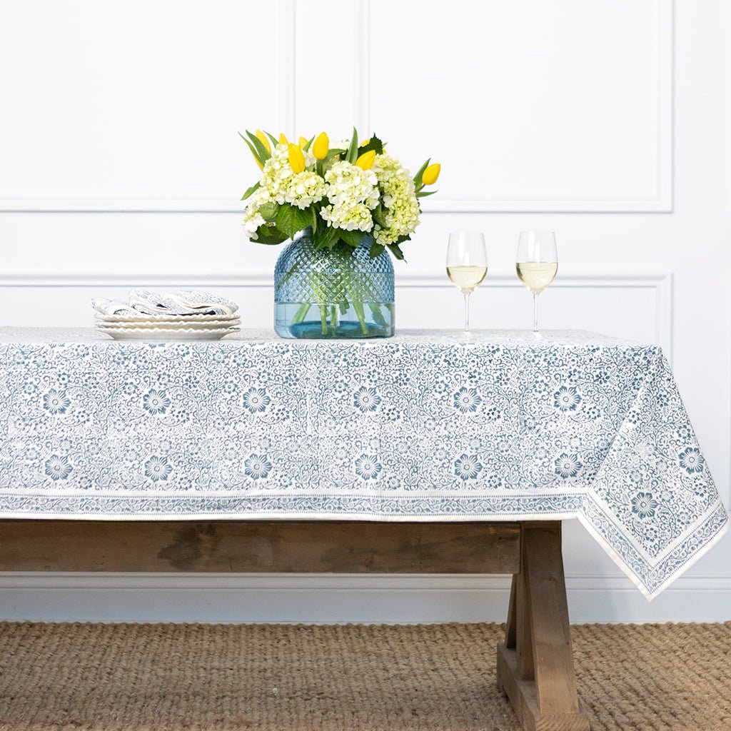 India Hicks Home Desert Rose Saltwater Blue Tablecloth - Pomegranate