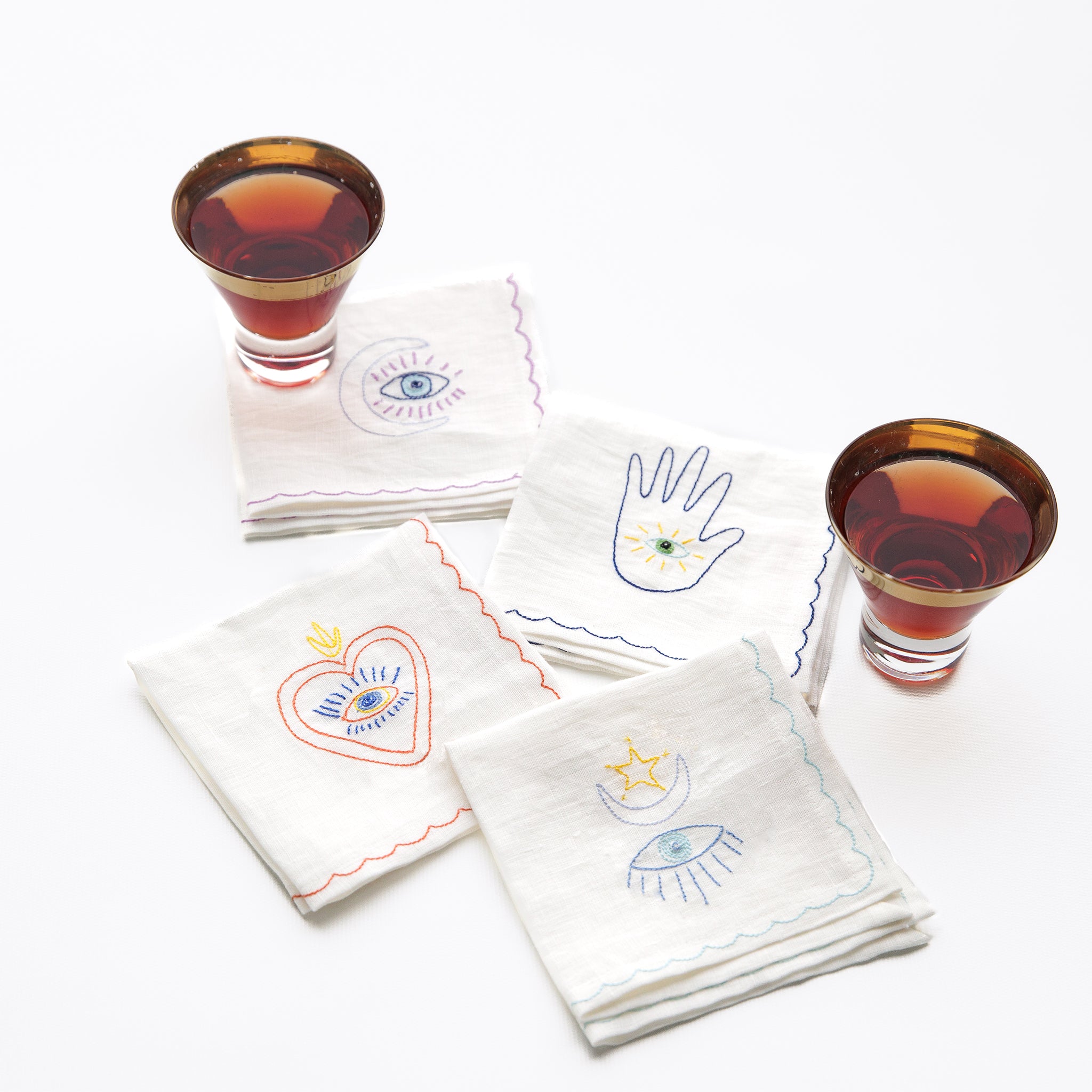 Lucky Charms Embroidered Linen Cocktail Napkins