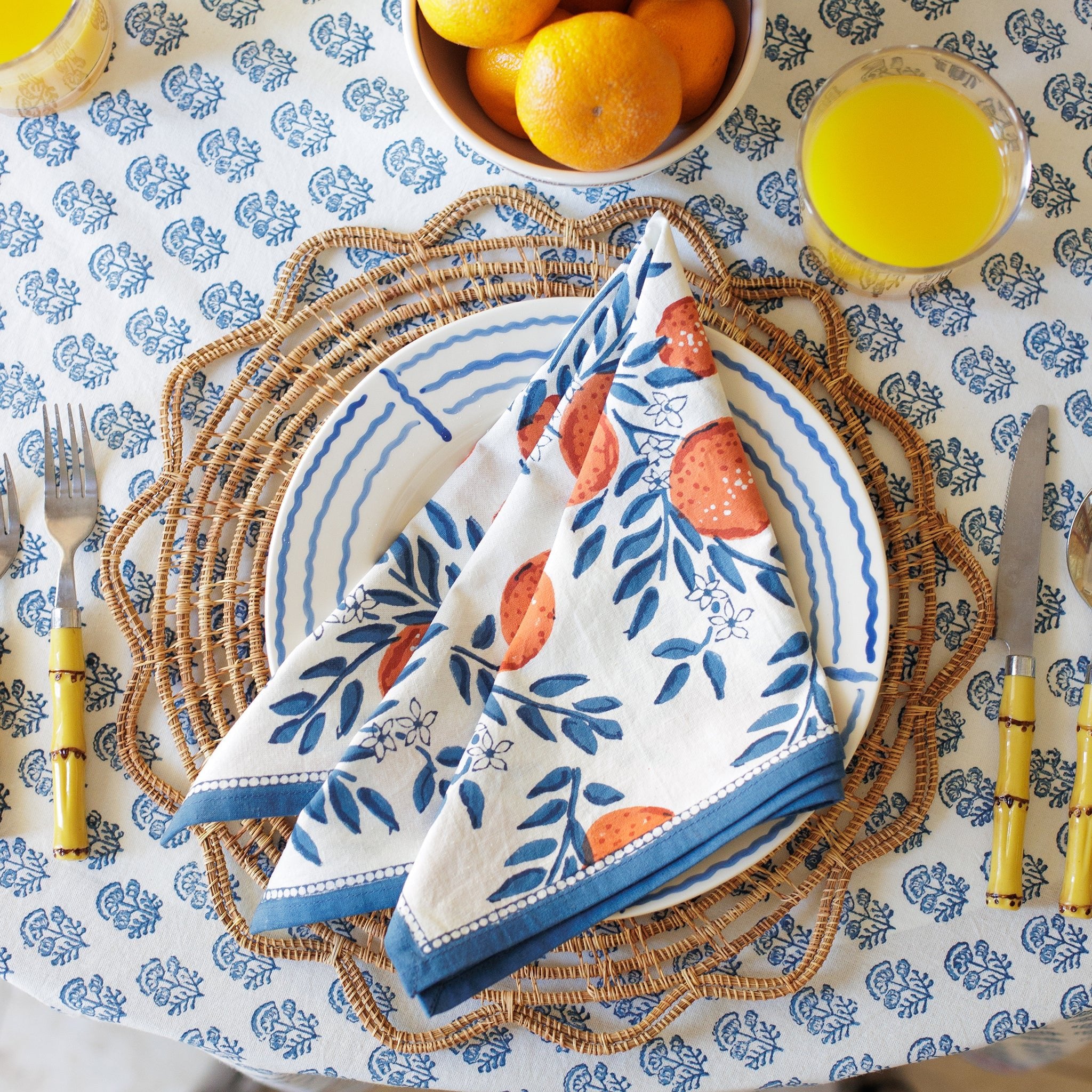 Orange, Blue & White Citrus and Floral Hand Block Printed Cotton Napkins