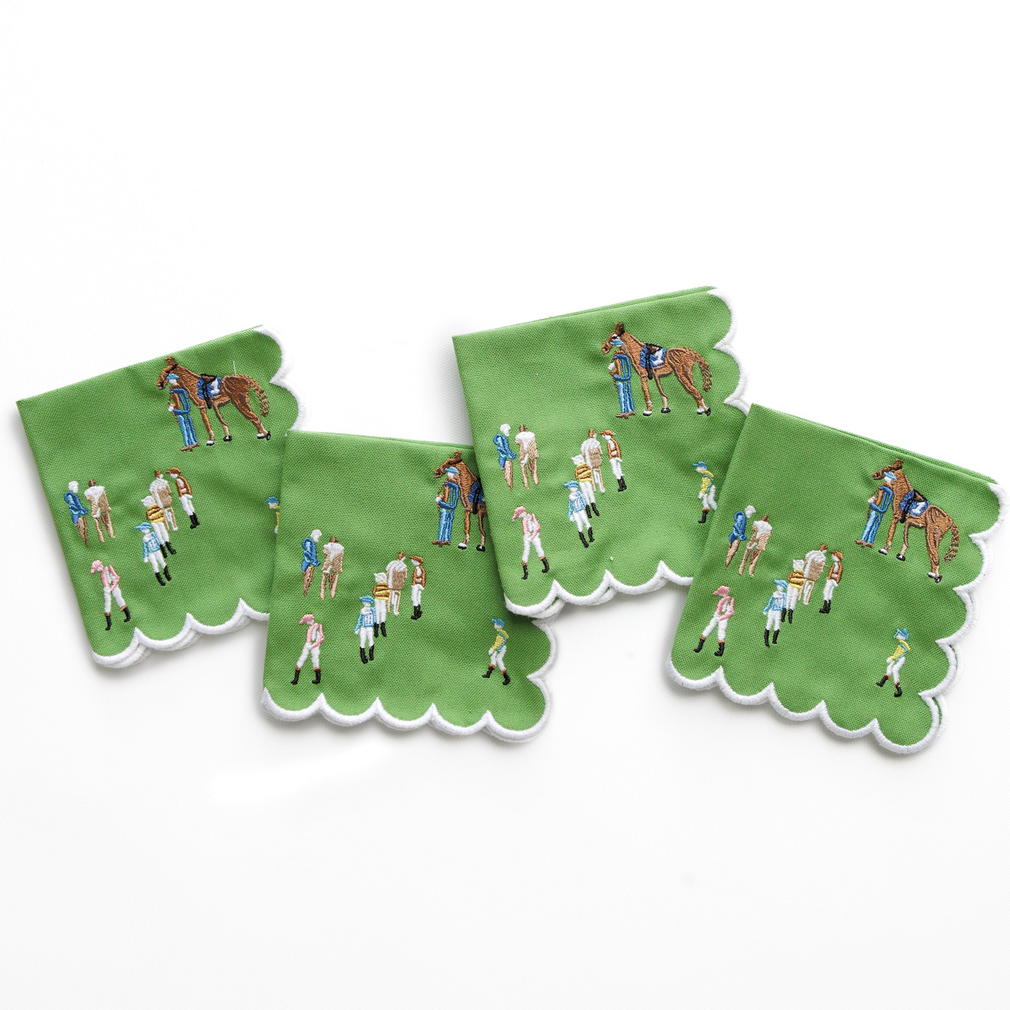 Paddock & Jockeys Equestrian Horse Racing Embroidered Green Cocktail Napkins with Scalloped Edge