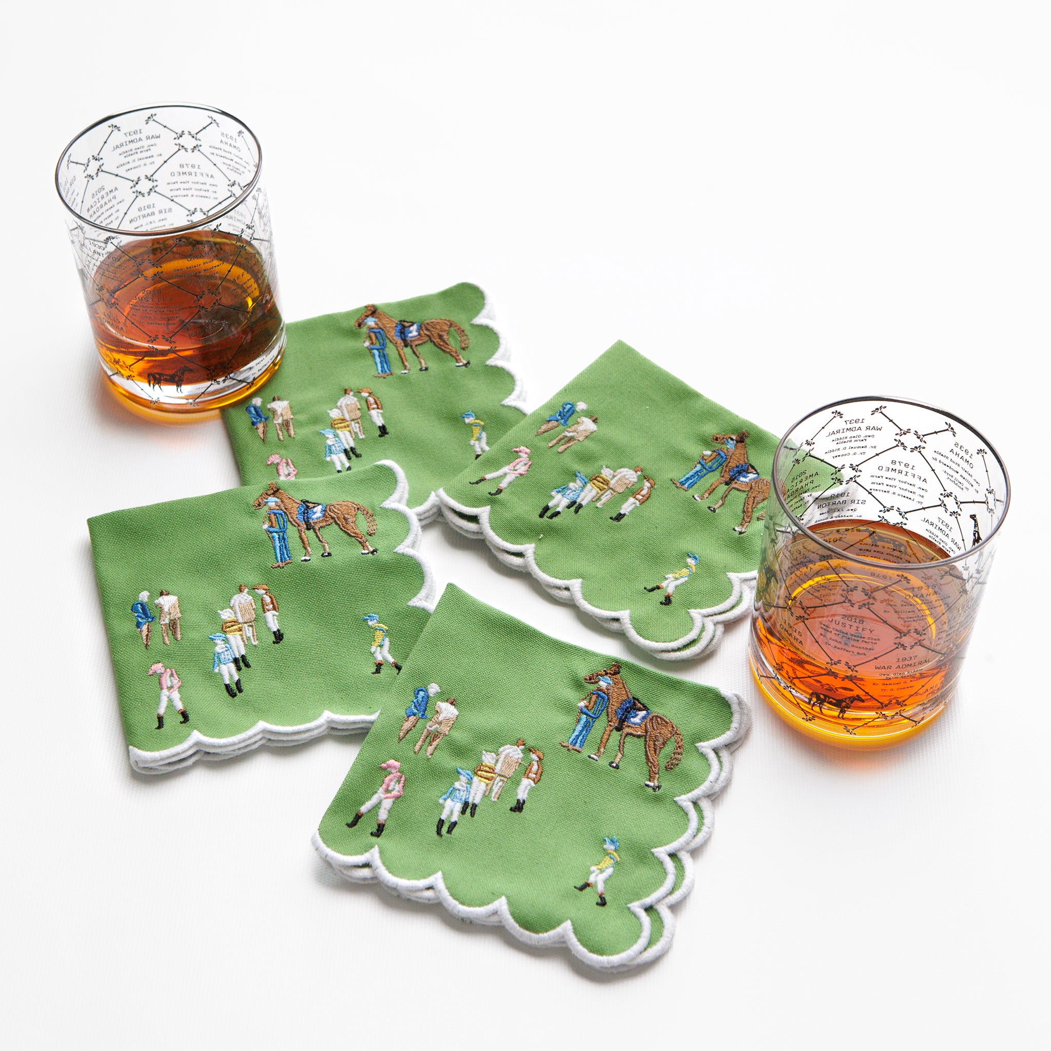 Paddock & Jockeys Equestrian Horse Racing Embroidered Green Cocktail Napkins with Scalloped Edge