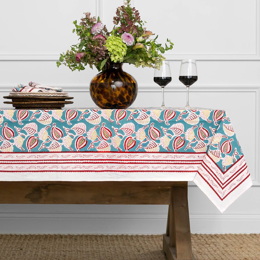 Paisley Vine Teal & Cranberry Tablecloth - Pomegranate
