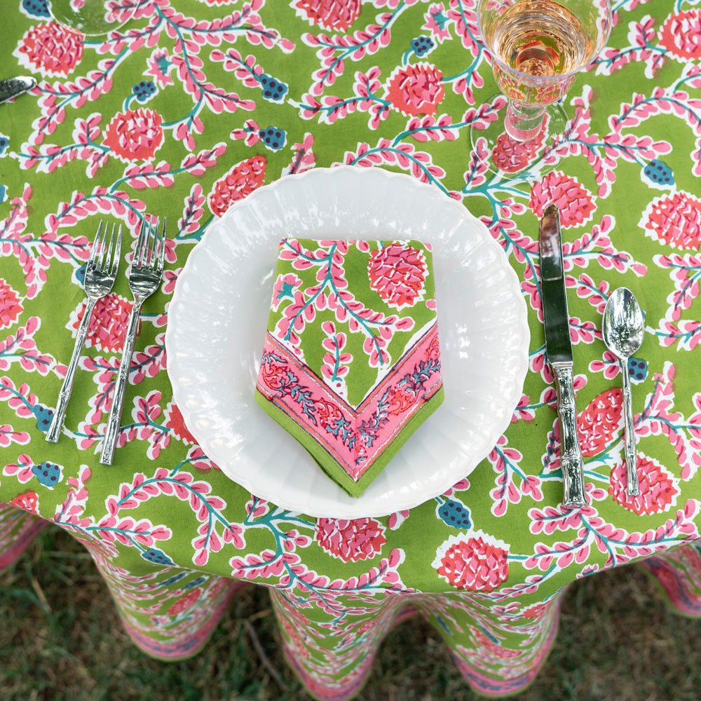 Green & pink botanical pinecone hand block printed cotton napkins and tablecloth