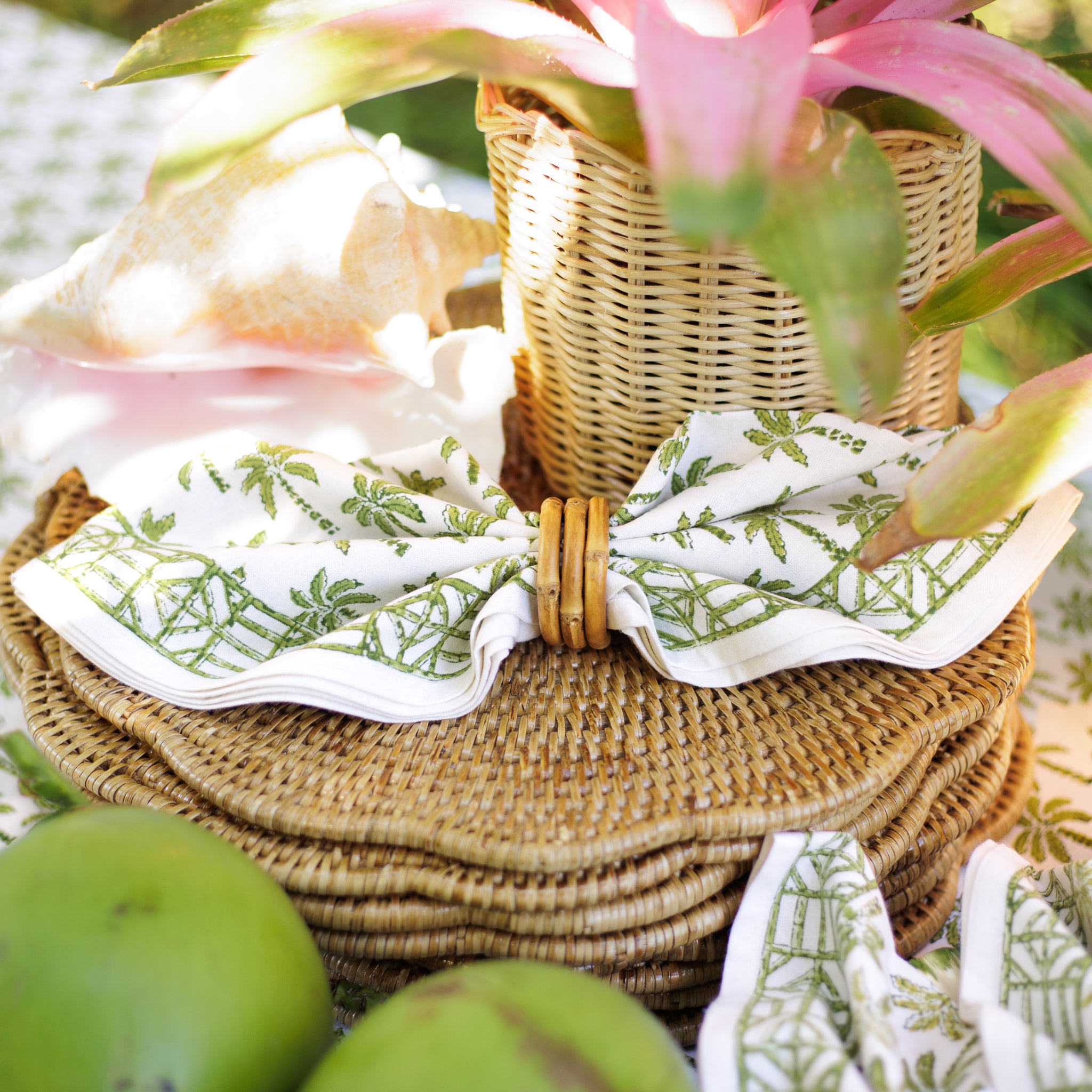 Palm Tree Green Hand Block Printed Cotton Napkins