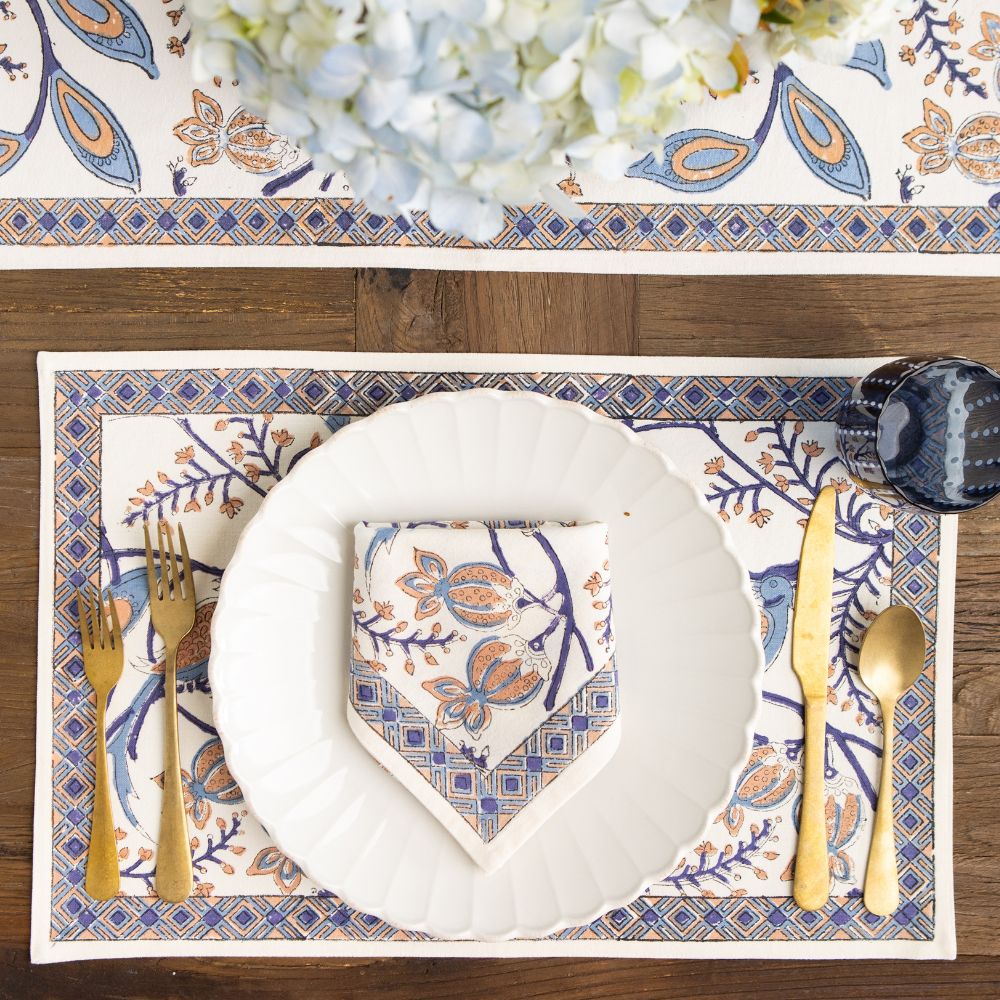 Peacock &amp; Poms Blue Cotton Placemats – Set of 4 Block Print ...