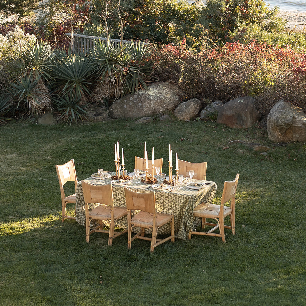 Outdoor dining setup on a grassy area with a scenic background