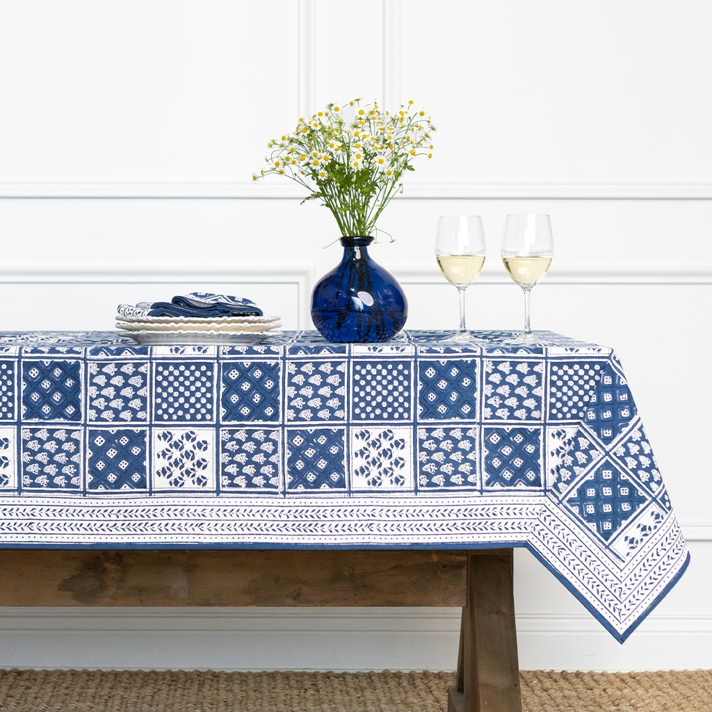 Pom Buti Patchwork Blue Tablecloth - Pomegranate