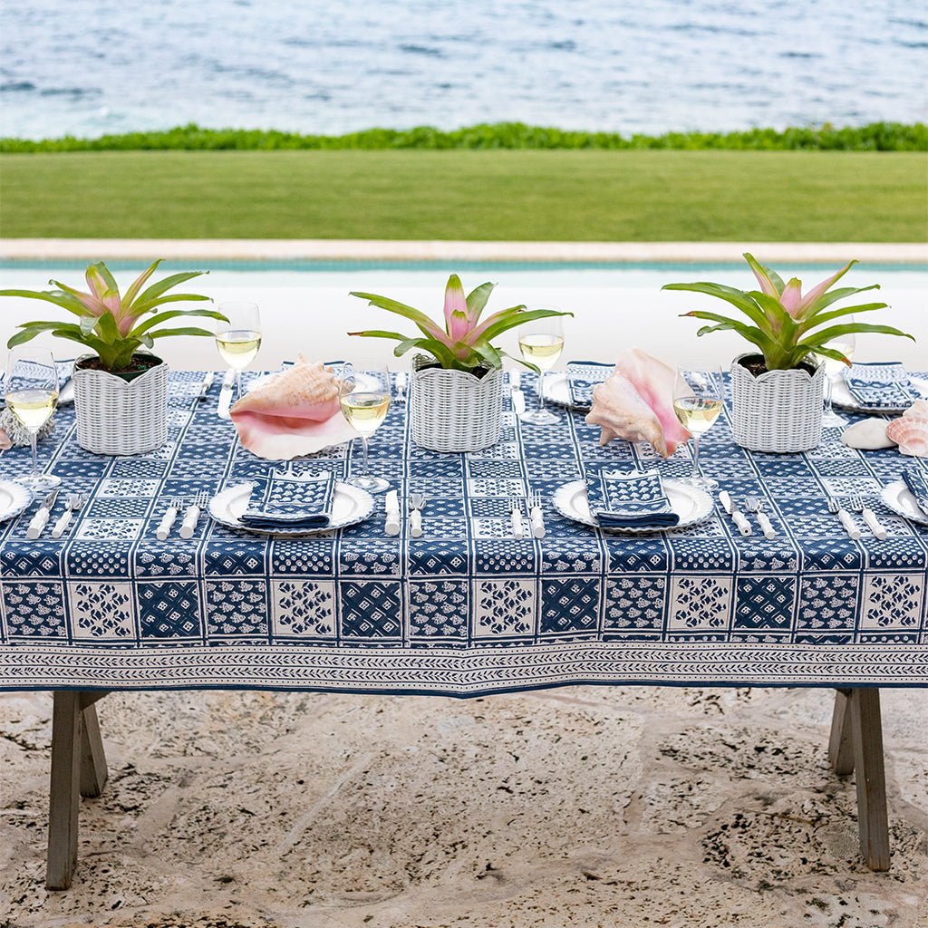 Pom Buti Patchwork Blue Tablecloth - Pomegranate
