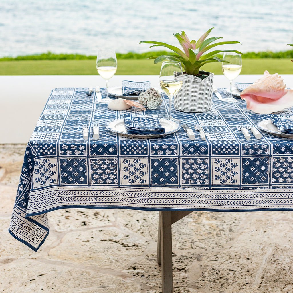 Pom Buti Patchwork Blue Tablecloth - Pomegranate