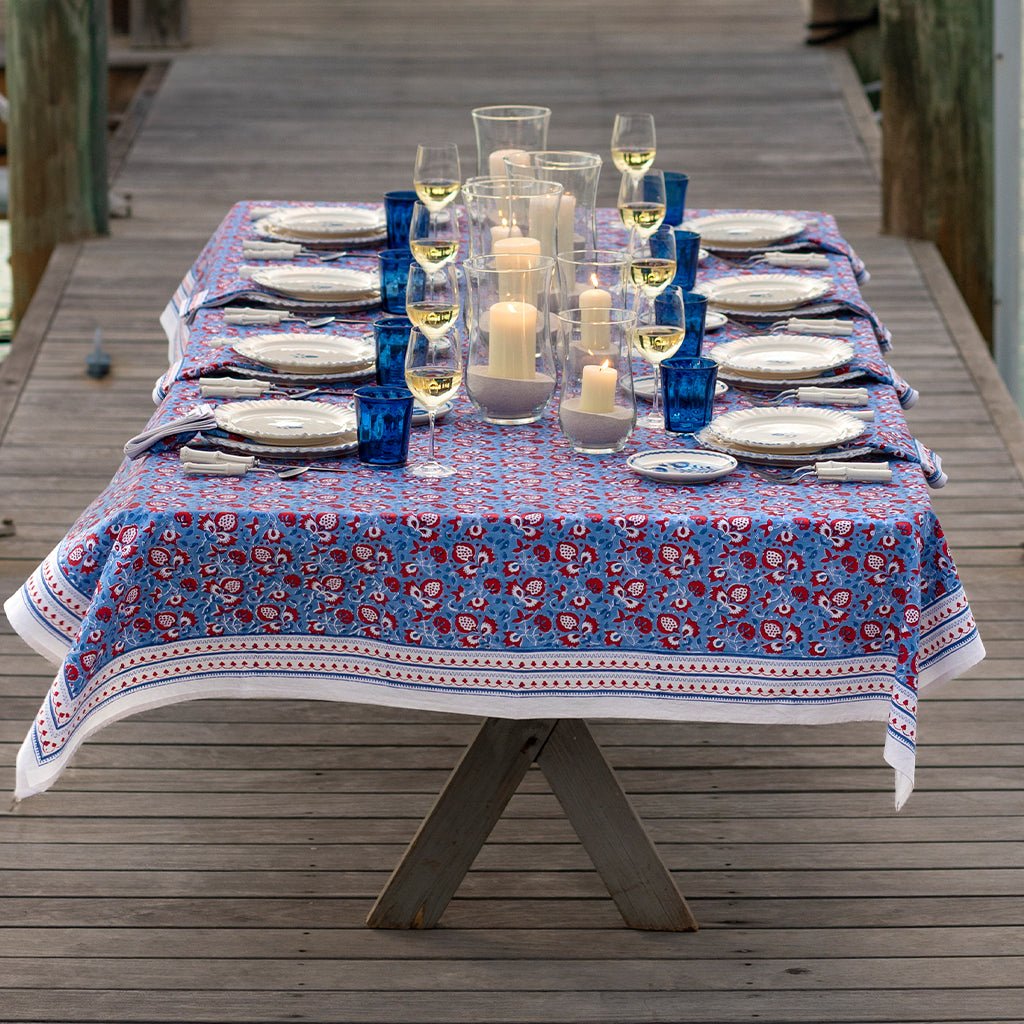 Pom Fan Flower Blue & Red Tablecloth - Pomegranate