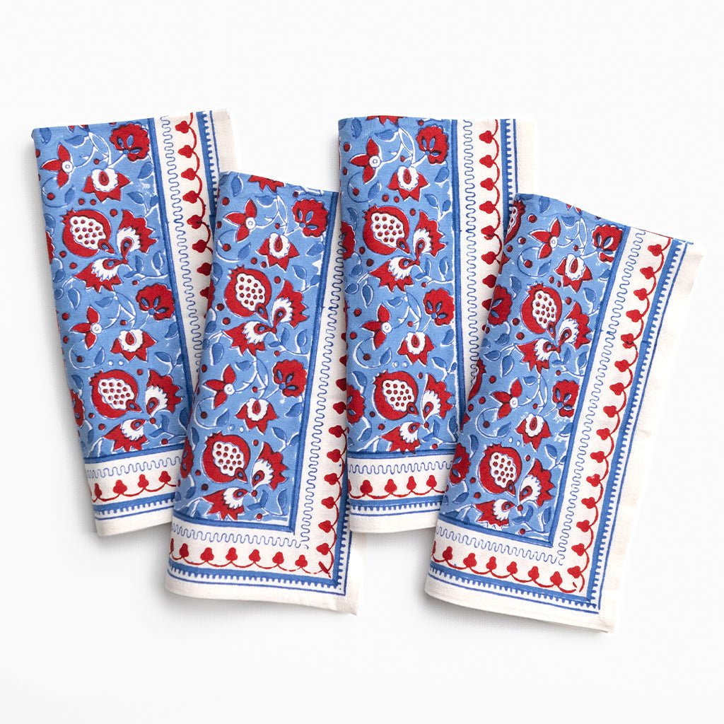 Pom Fan Flower Blue & Red Napkin | Set of 4 - Pomegranate