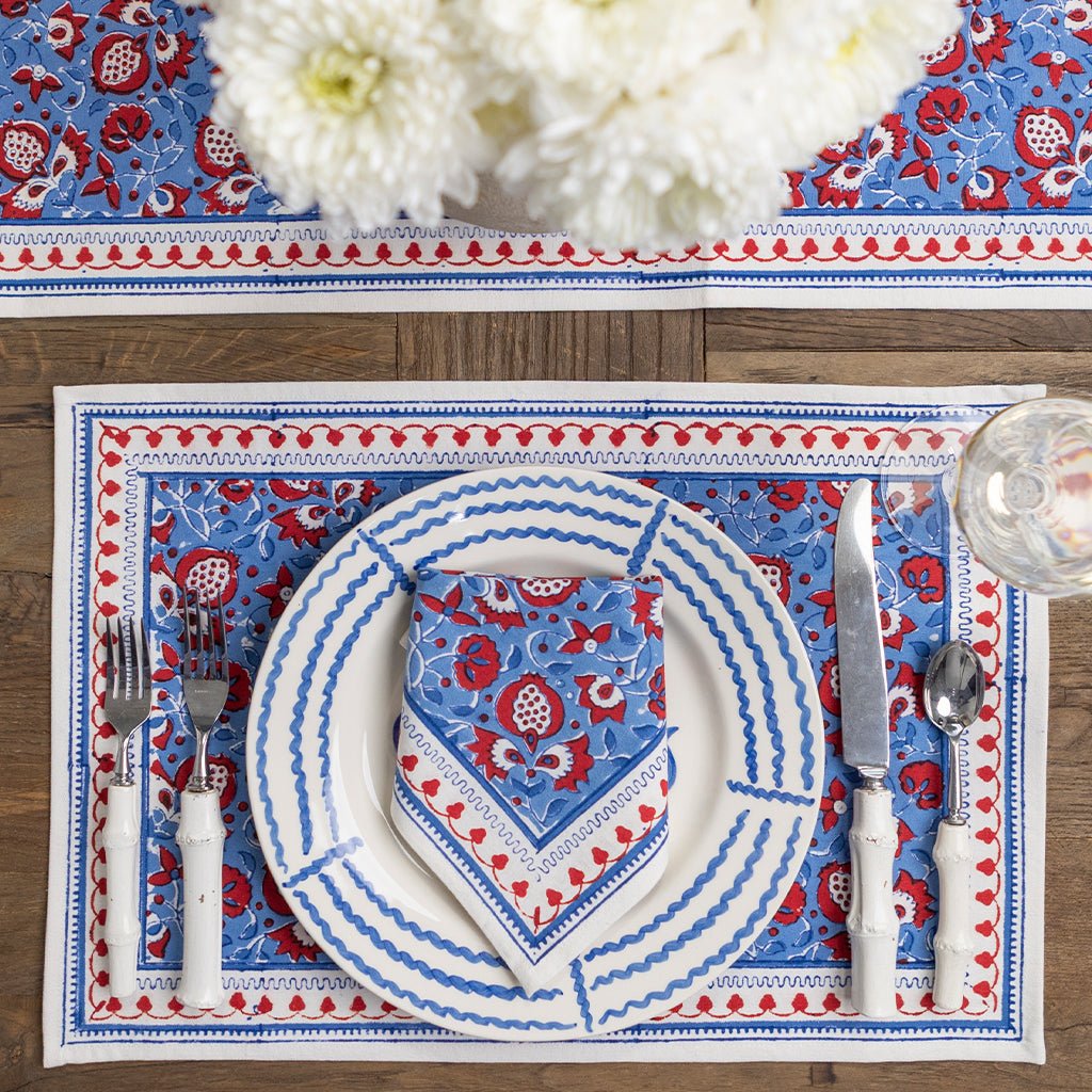 Pom Fan Flower Blue & Red Placemat | Set of 4 - Pomegranate