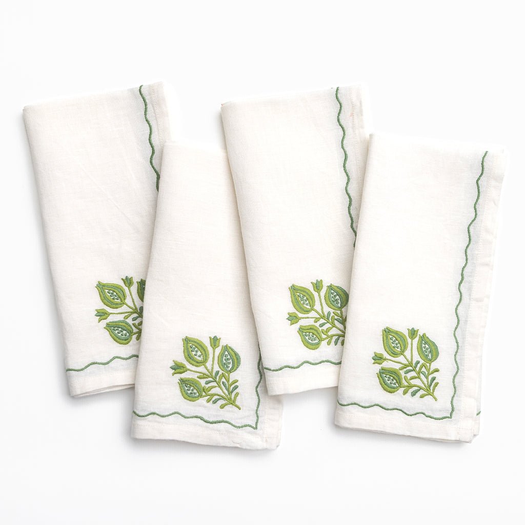Pomegranate Trio Green Linen Napkin | Set of 4 - Pomegranate