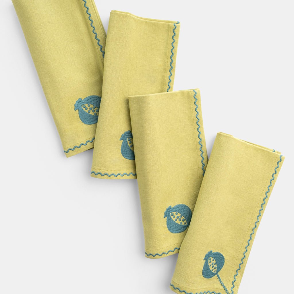 Pomegranate Crewel Chartreuse & Teal Napkin | Set of 4 - Pomegranate