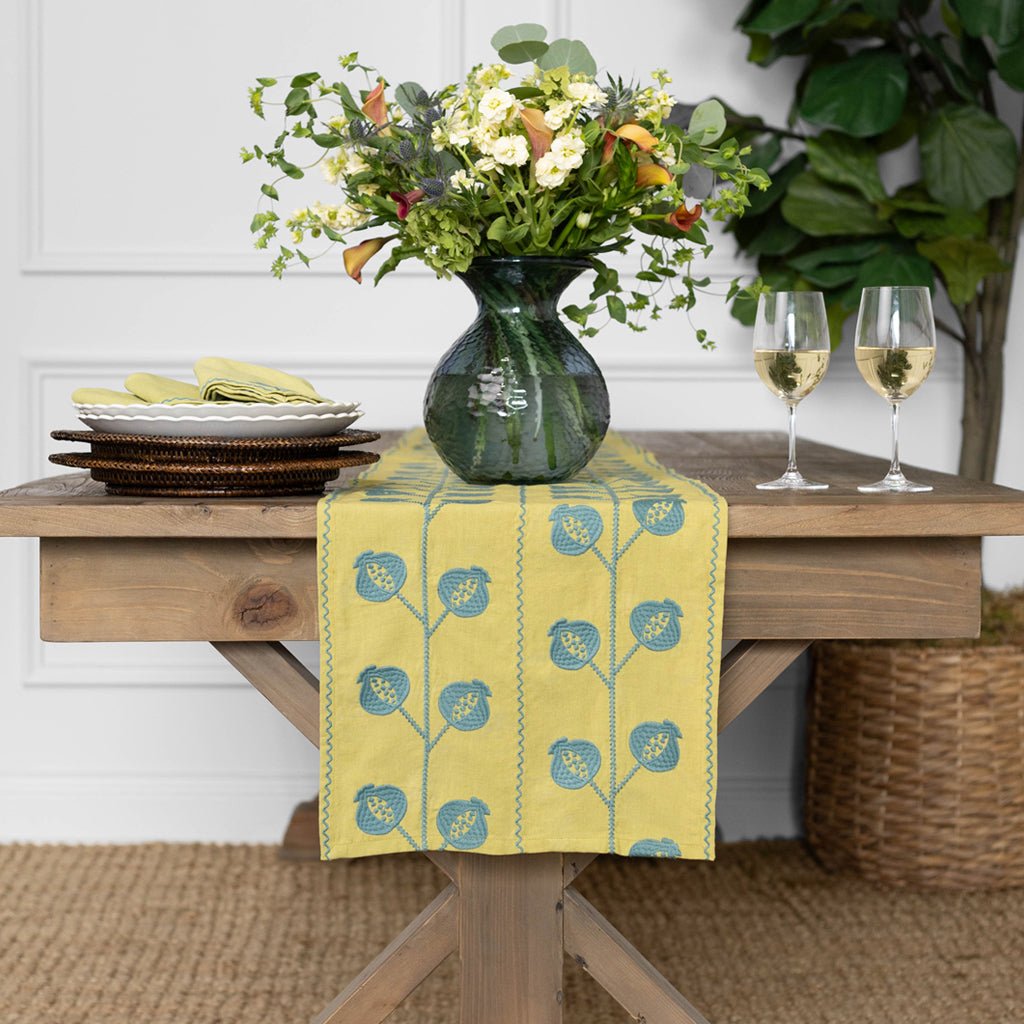 Pomegranate Crewel Chartreuse & Teal Table Runner - Pomegranate