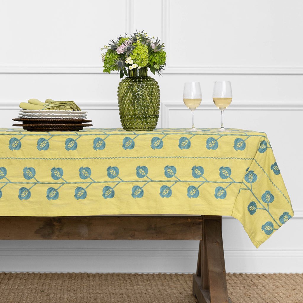 Pomegranate Crewel Chartreuse & Teal Tablecloth - Pomegranate