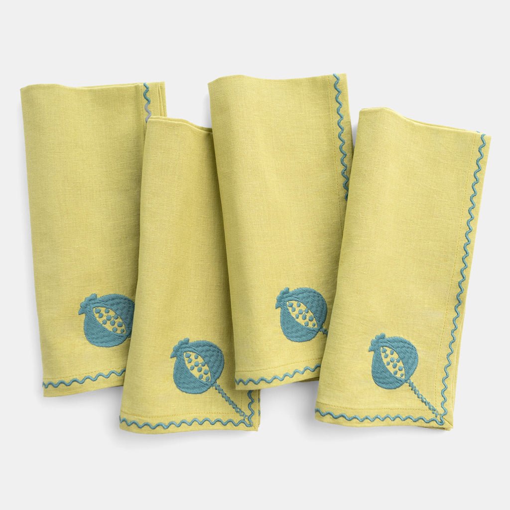 Pomegranate Crewel Chartreuse & Teal Napkin | Set of 4 - Pomegranate