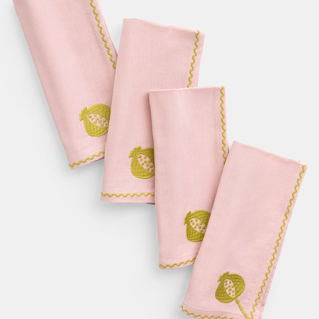 Pomegranate Crewel Light Pink & Chartreuse Napkin | Set of 4 - Pomegranate