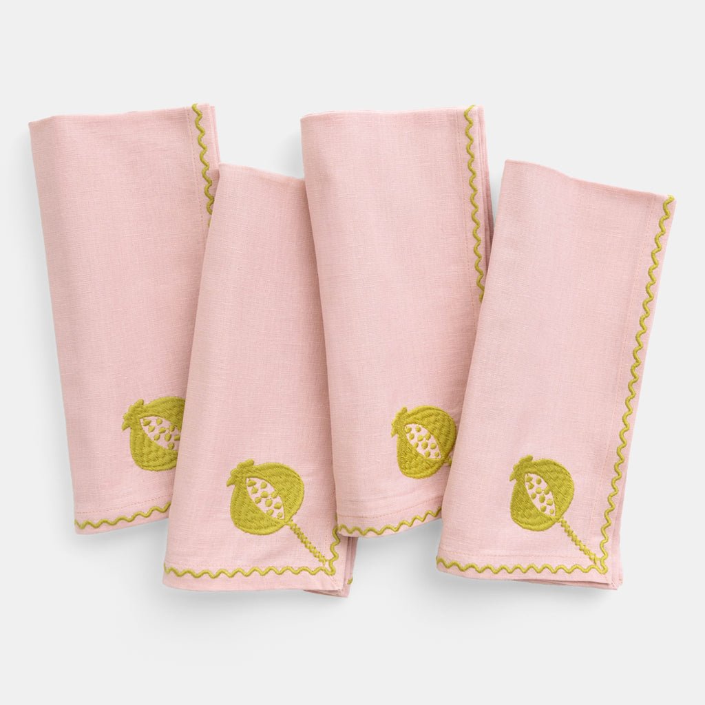 Pomegranate Crewel Light Pink & Chartreuse Napkin | Set of 4 - Pomegranate