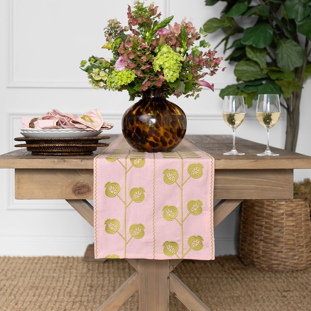 Pomegranate Crewel Light Pink & Chartreuse Table Runner - Pomegranate