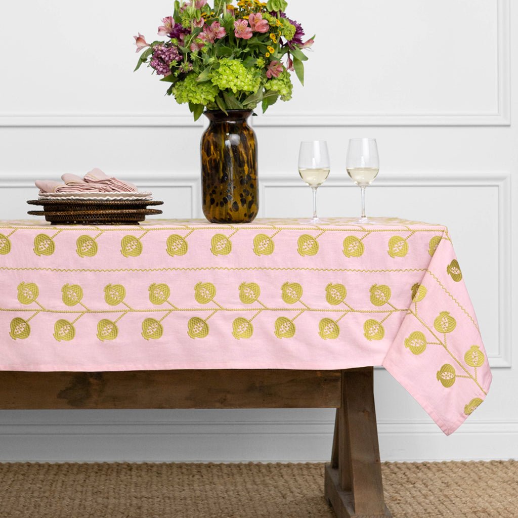 Pomegranate Crewel Light Pink & Chartreuse Tablecloth - Pomegranate
