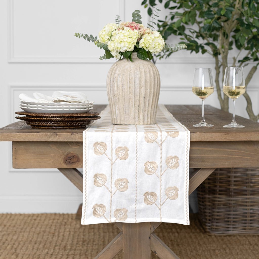 Pomegranate Crewel Natural Table Runner - Pomegranate