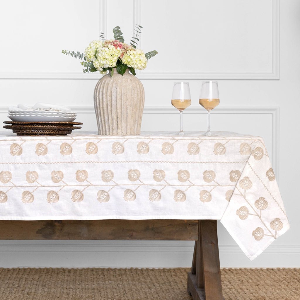 Pomegranate Crewel Natural Tablecloth - Pomegranate