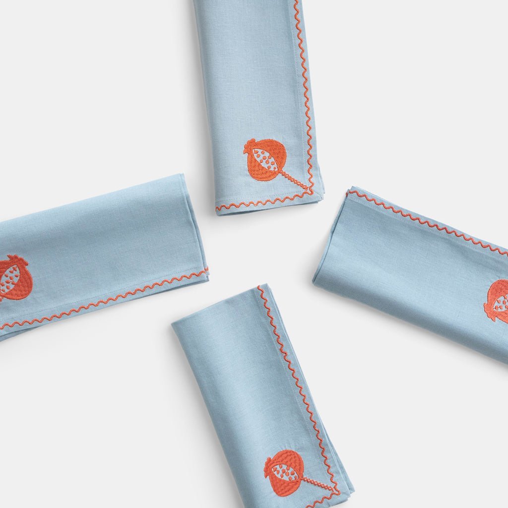 Pomegranate Crewel Slate Blue & Poppy Napkin | Set of 4 - Pomegranate
