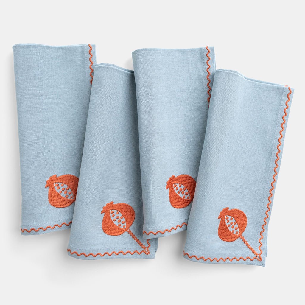 Pomegranate Crewel Slate Blue & Poppy Napkin | Set of 4 - Pomegranate
