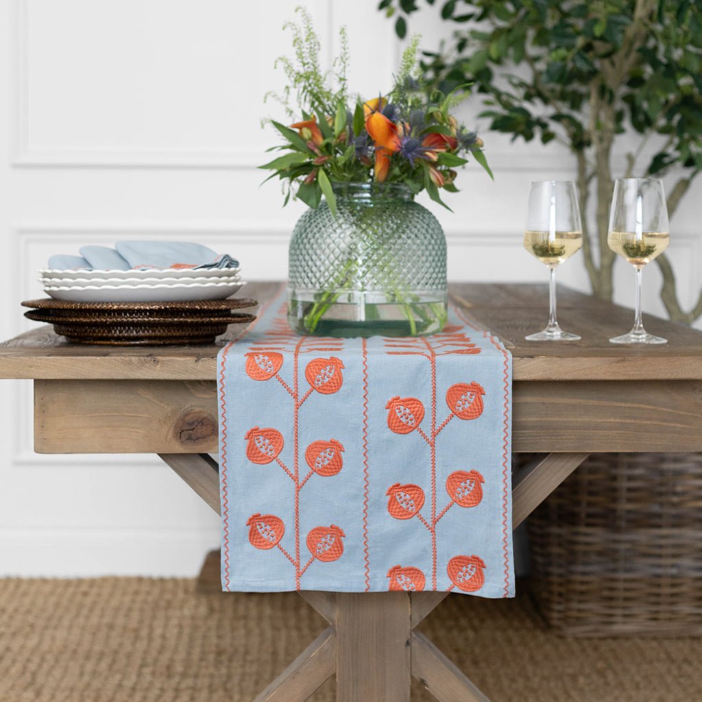 Pomegranate Crewel Slate Blue & Poppy Table Runner - Pomegranate