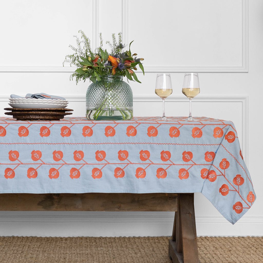 Pomegranate Crewel Slate Blue & Poppy Tablecloth - Pomegranate