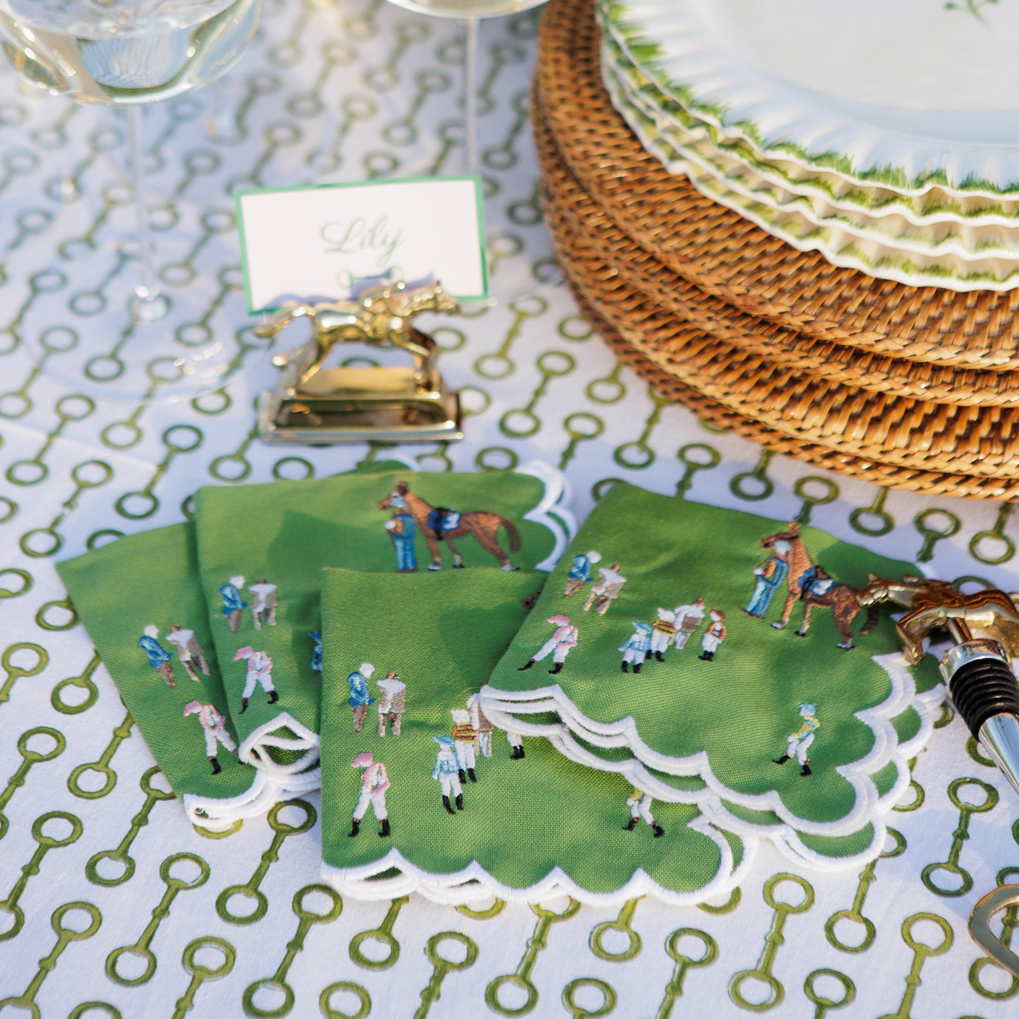 Paddock & Jockeys Equestrian Horse Racing Embroidered Green Cocktail Napkins with Scalloped Edge