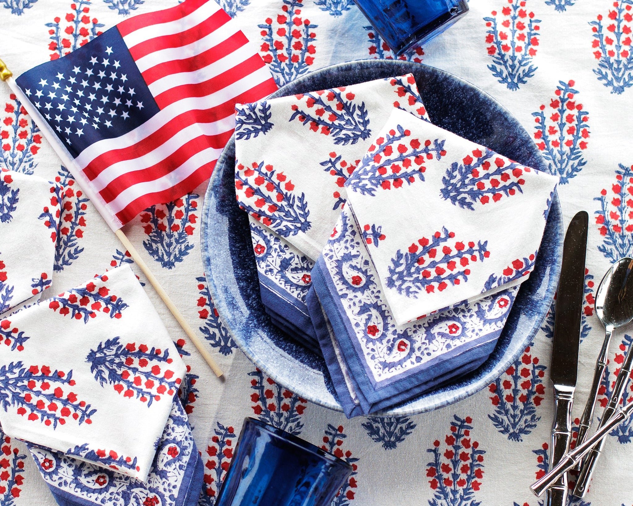 Sagar Red, White & Blue Hand Block Printed Floral Cotton Napkins | Patriotic 4th of July Table Linens