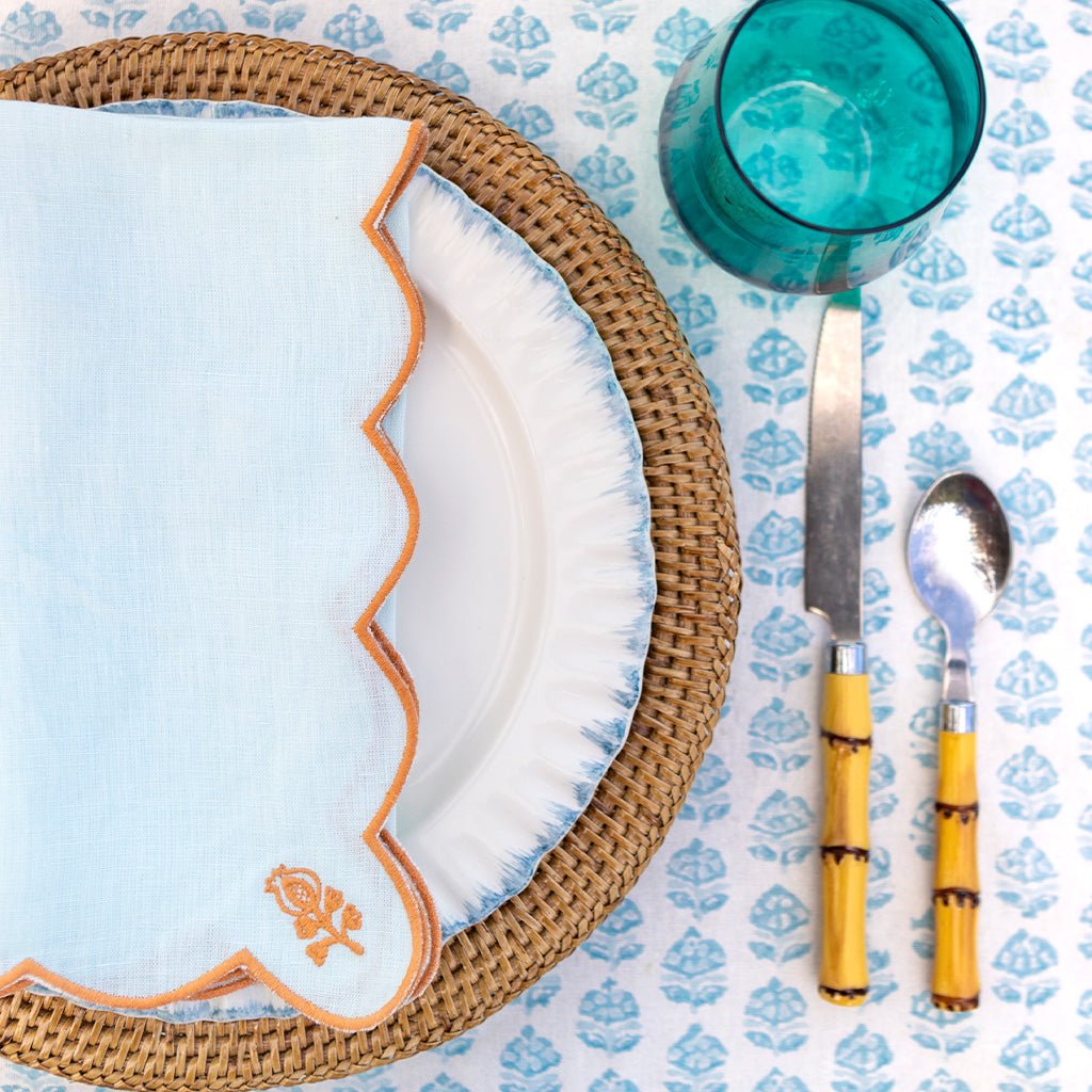 Scalloped Buti Bleached Aqua Linen Napkin | Set of 4 - Pomegranate