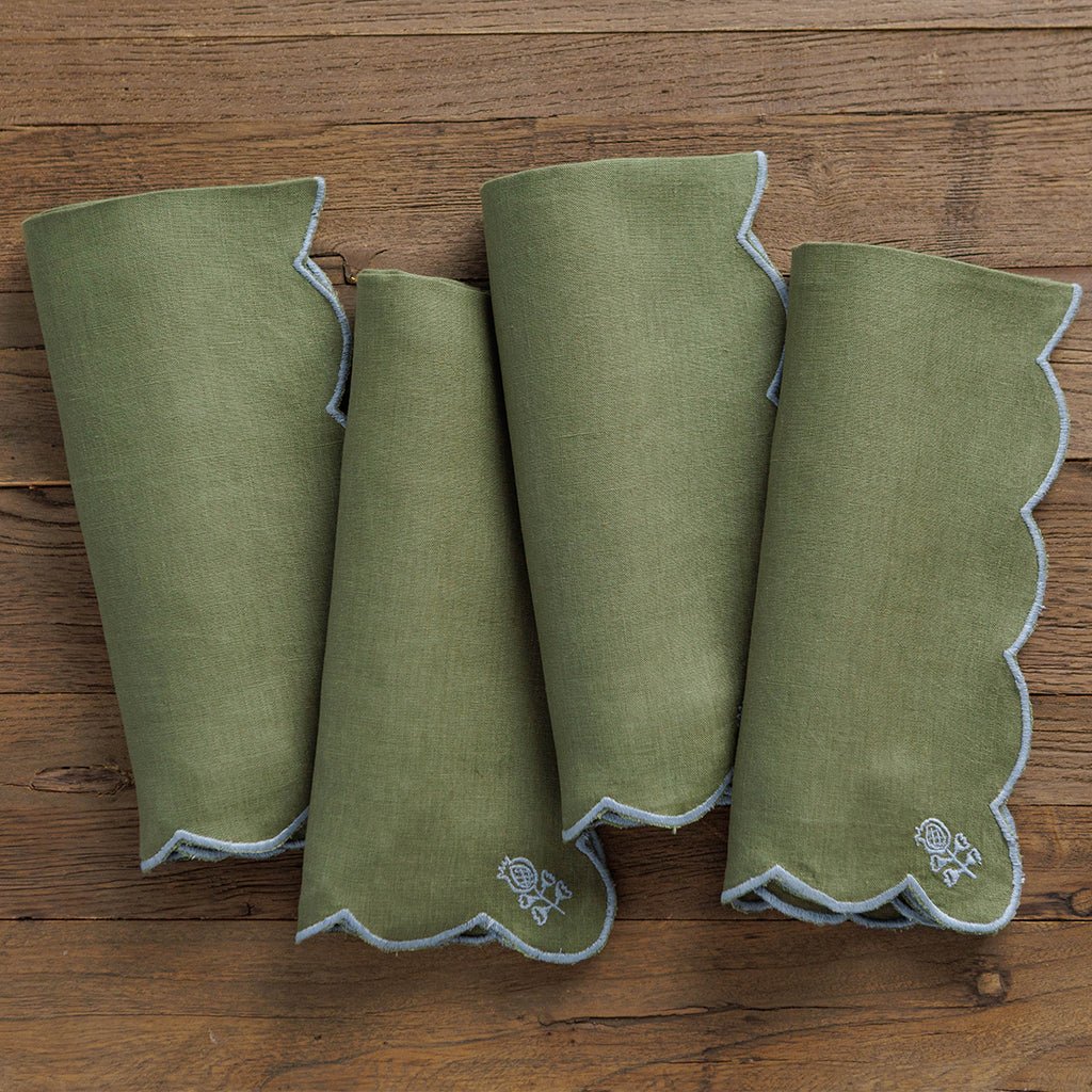 Scalloped Buti Olive & Sky Napkin | Set of 4 - Pomegranate