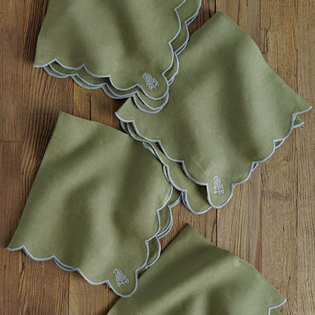Scalloped Buti Olive & Sky Napkin | Set of 4 - Pomegranate