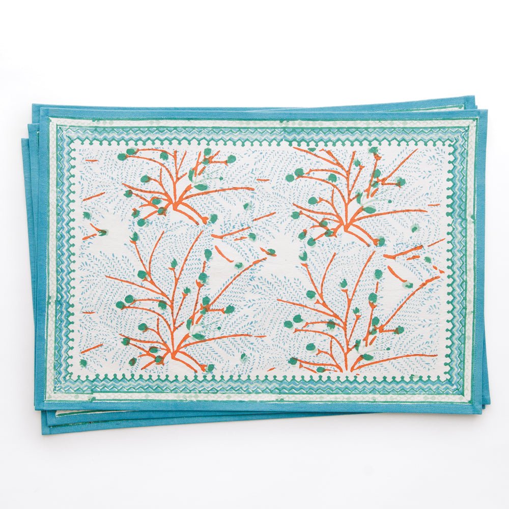 Teal & coral hand block printed cotton canvas placemat