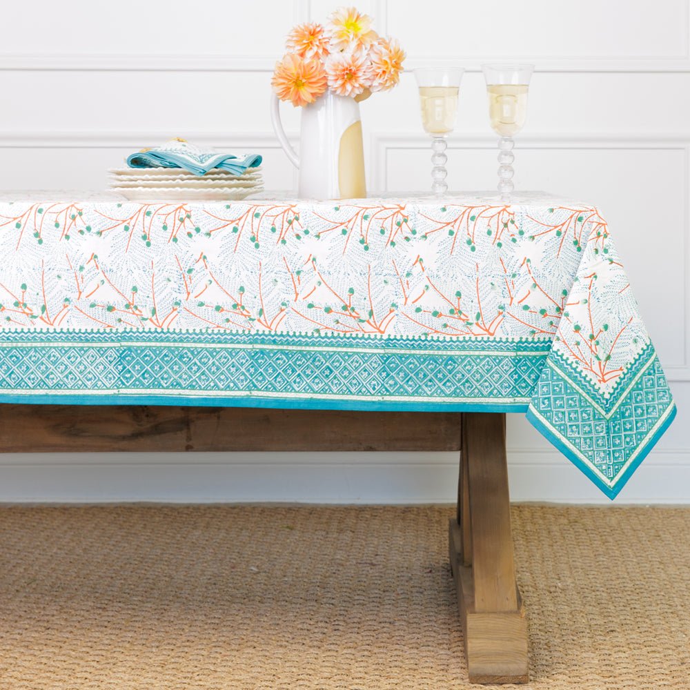 Teal & coral hand block printed cotton tablecloth
