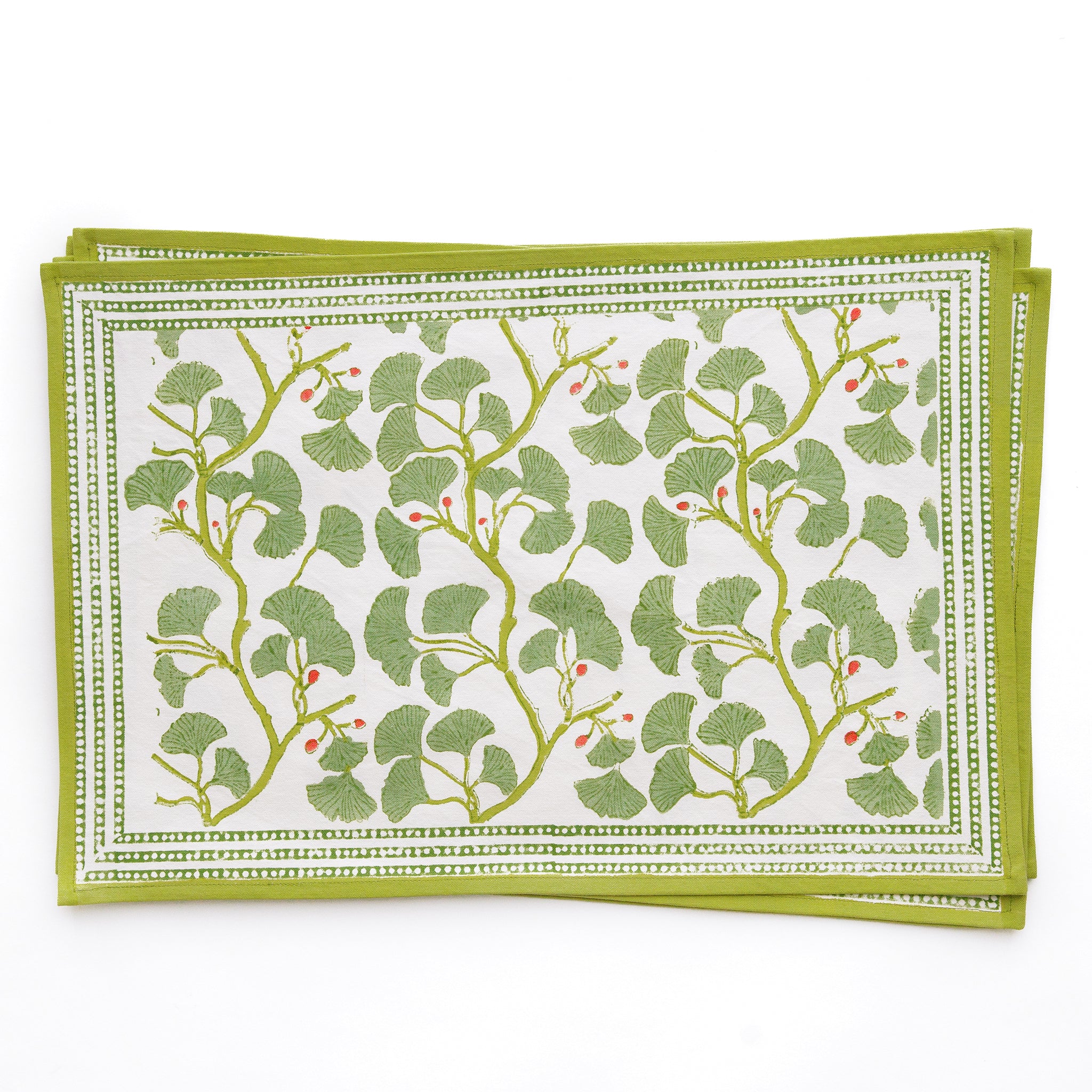 Spring Ginkgo Green & White Hand Block Printed Cotton Canvas Placemats