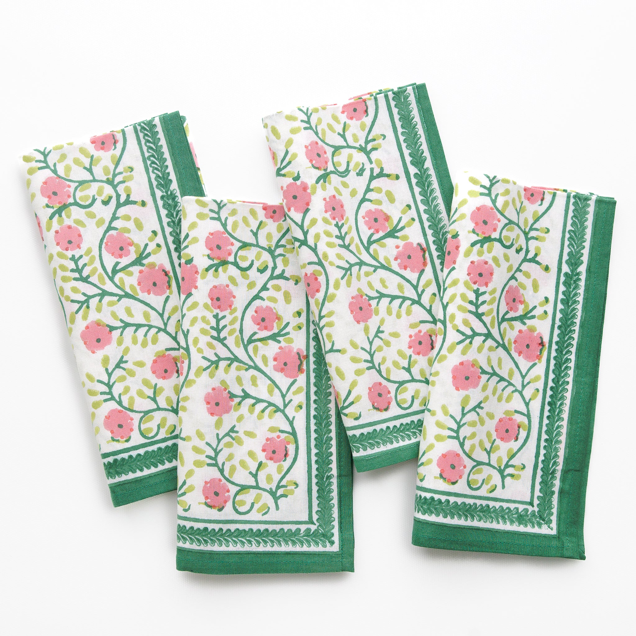 Stephanie Pink & Green Floral Hand Block Printed Cotton Napkins
