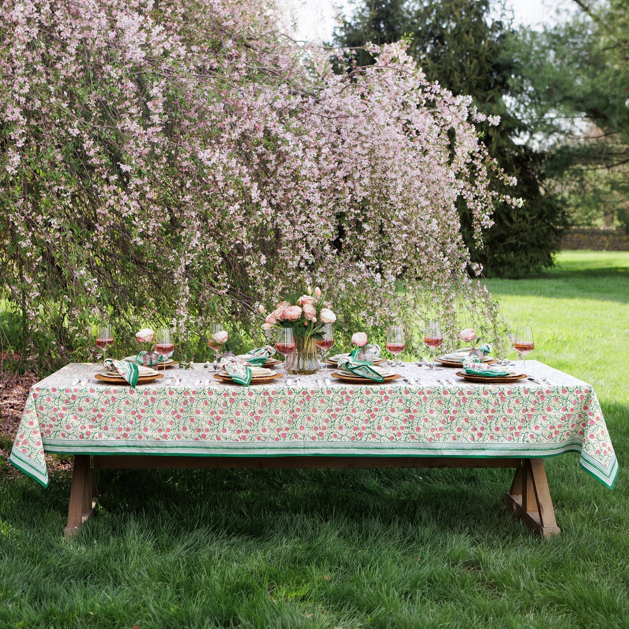 Stephanie Pink & Green Hand Block Printed Floral Cotton Tablecloth