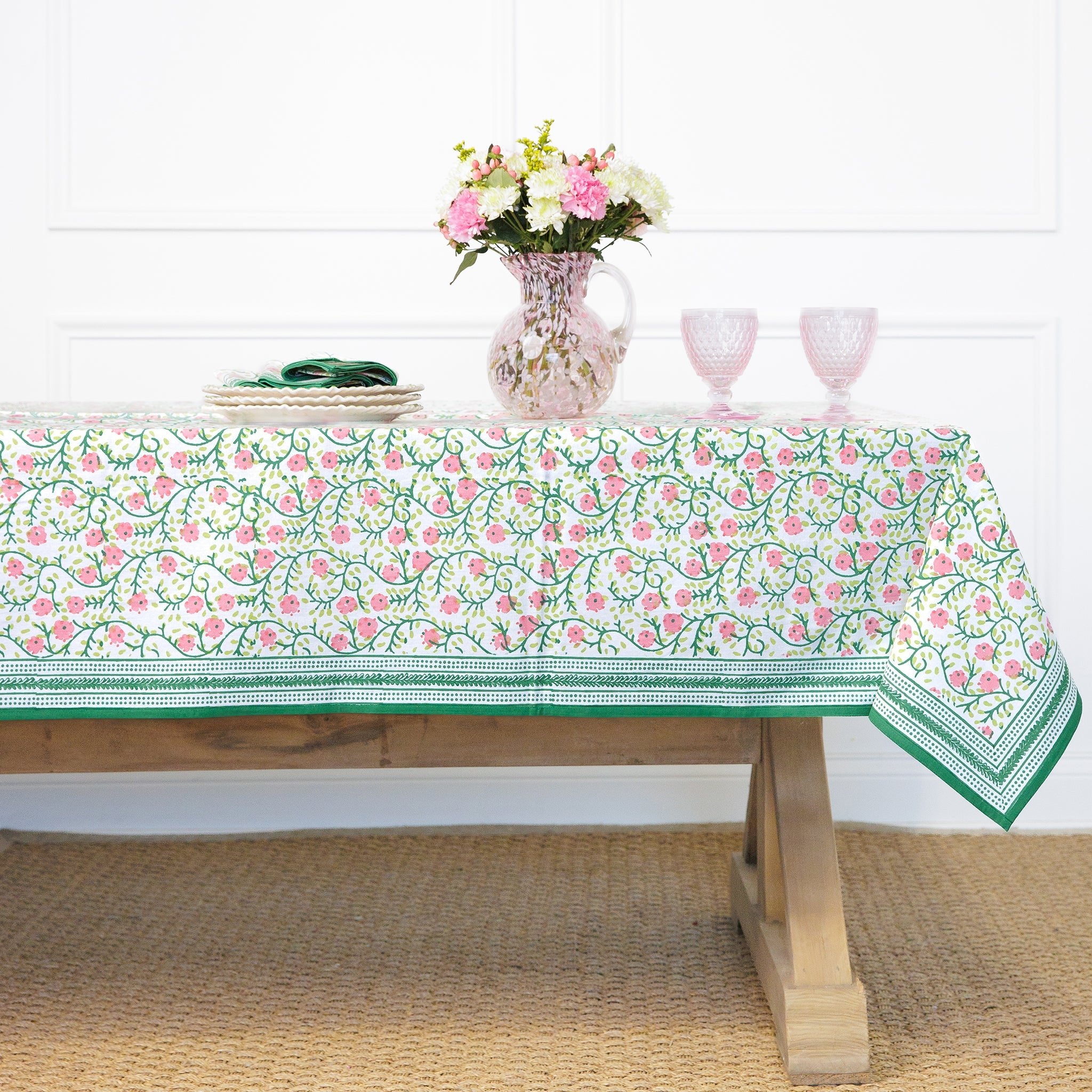 Stephanie Pink & Green Hand Block Printed Floral Cotton Tablecloth