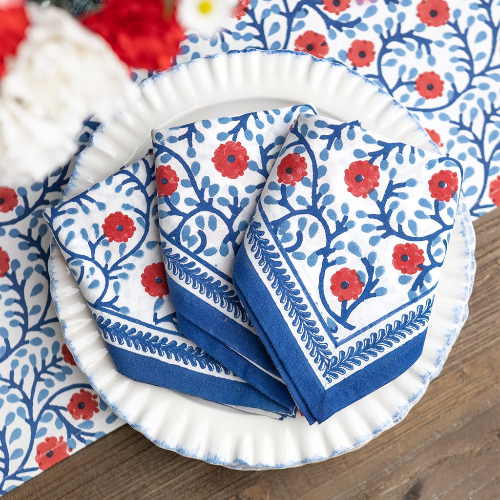 Stephanie Red & Blue Napkin | Set of 4 - Pomegranate