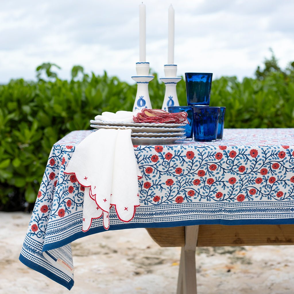 Stephanie Red & Blue Tablecloth - Pomegranate