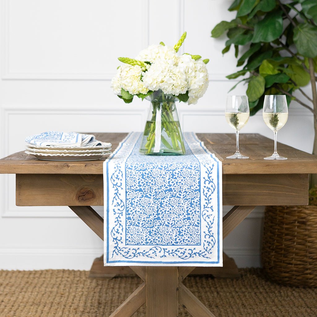 Tapestry Sky Blue Table Runner - Pomegranate